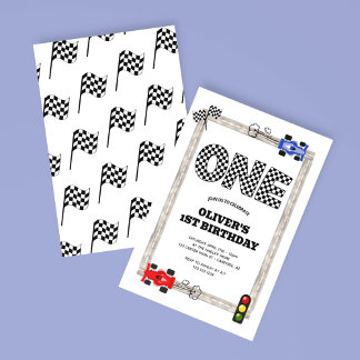 Race Car Checker Flag Boy's 1st Birthday Invitation