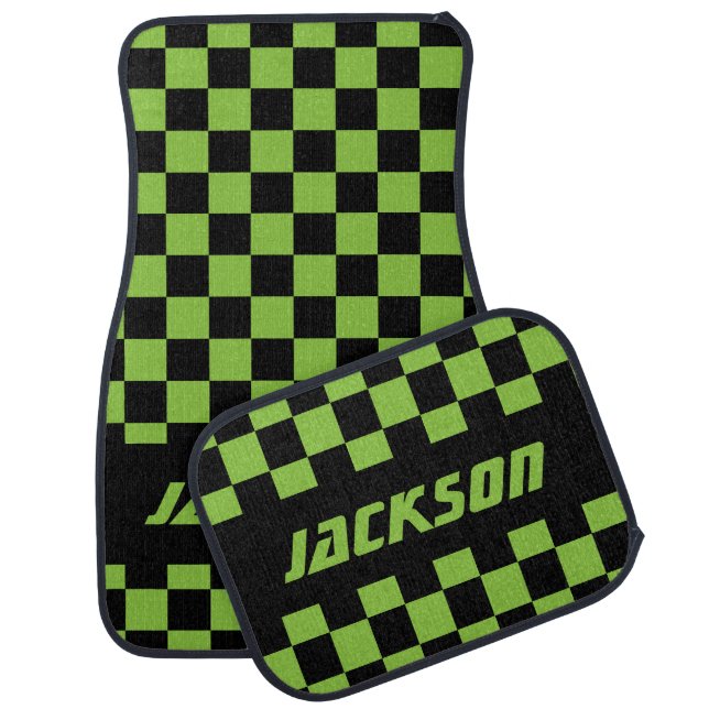 Race Car Checkered Flag | Black & Lime Green Floor Mat (Set)