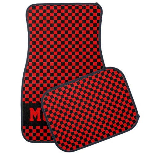 Race Car Checkered Flag Flaming Fire Red Car Floor Mat