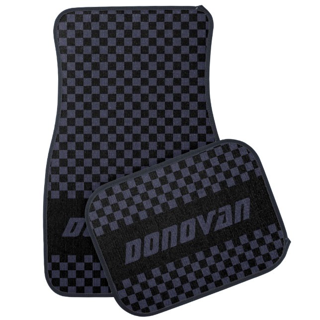 Race Car Checkered Flag in Black & Charcoal Blue Car Floor Mat (Set)
