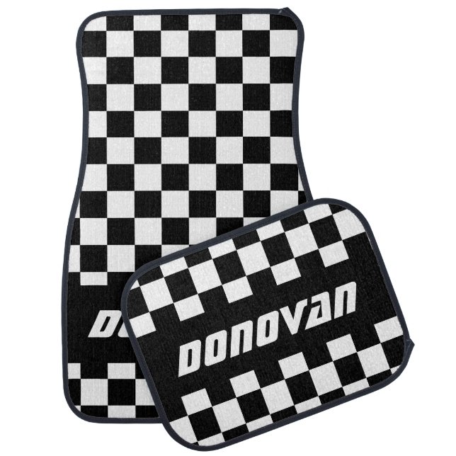 Race Car Checkered Flag in Black & White Car Floor Mat (Set)