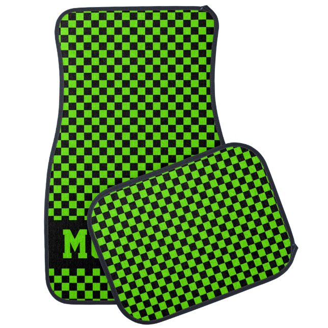 Race Car Checkered Flag Lime Green Floor Mat (Set)