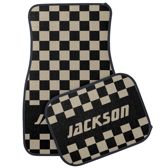 Race Car Checkered Flag Pattern | Black & Camel Car Mat (Set)