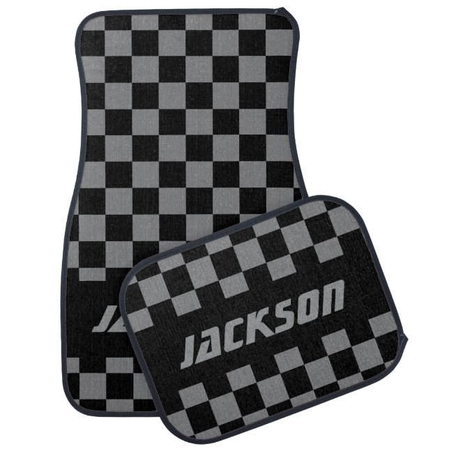 Race Car Checkered Flag Pattern | Black & Gray Floor Mat (Set)