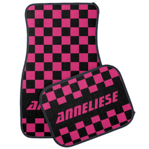Race Car Checkered Flag Pattern Black & Hot Pink Mat