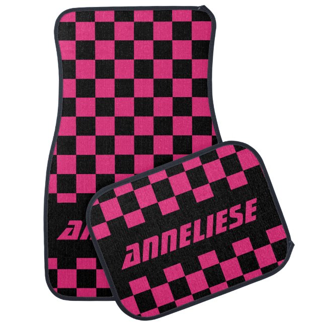 Race Car Checkered Flag Pattern | Black & Hot Pink Mat (Set)