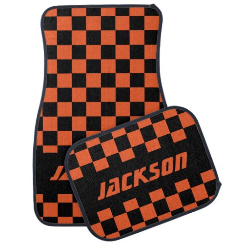 Race Car Checkered Flag Pattern  Black  Orange Car Mat