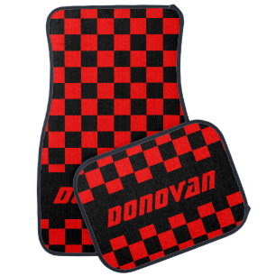 Race Car Checkered Flag Pattern Black & Red Car Floor Mat