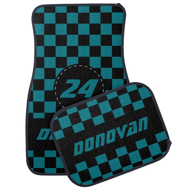 Race Car 🏎 Checkered Flag Pattern | Black & Teal Car Mat (Set)
