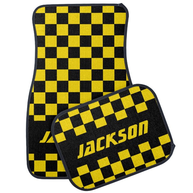 Race Car Checkered Flag Pattern | Black & Yellow Car Floor Mat (Set)