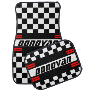 Race Car Checkered Flag Pattern Red, Black & White Car Floor Mat