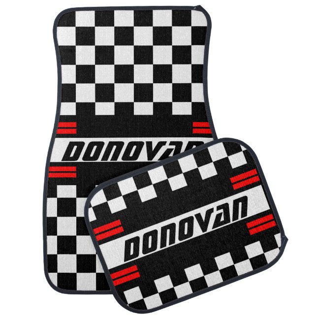 Race Car Checkered Flag Pattern Red, Black & White Floor Mat (Set)