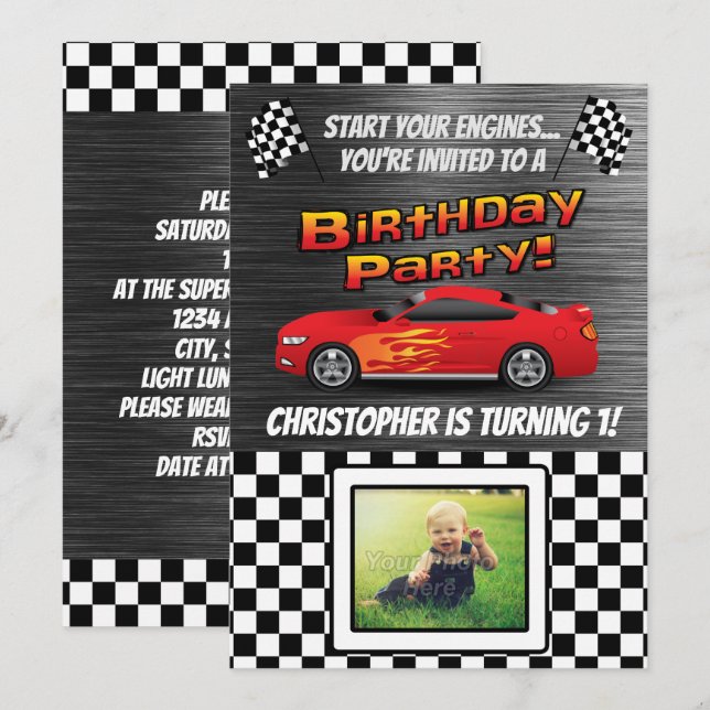 Race Car Checkered Flag Photo Boys Birthday Party Invitation (Front/Back)