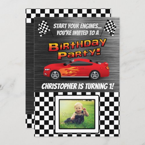 Race Car Checkered Flag Photo Boys Birthday Party Invitation