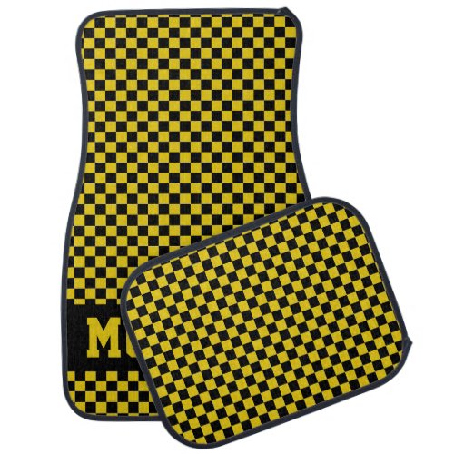 Race Car Checkered Flag Triple Yellow Car Floor Mat