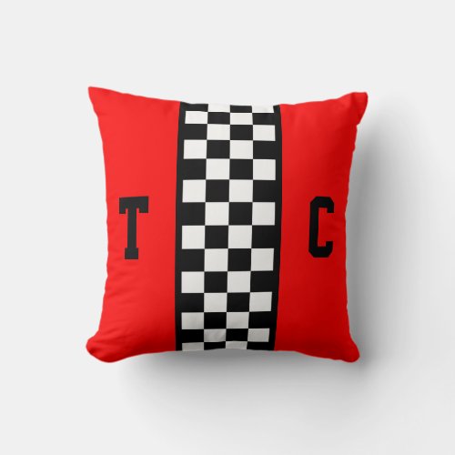 Race Car Checkered Pattern Red Monogrammed Throw Pillow