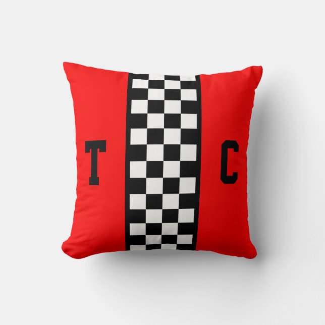 Race Car Checkered Pattern Red Monogrammed Throw Pillow (Front)