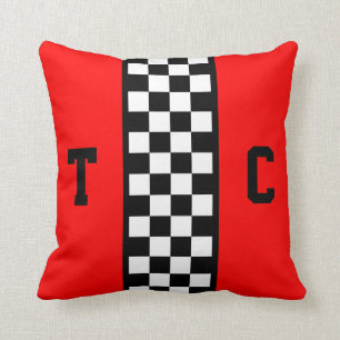 Race Car Checkered Pattern Red Monogrammed Throw Pillow