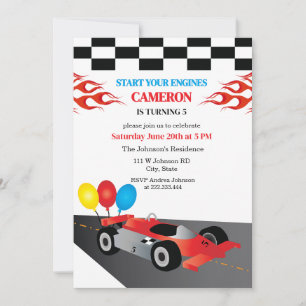 Race Car Checkered Start Your Enigines Birthday Invitation