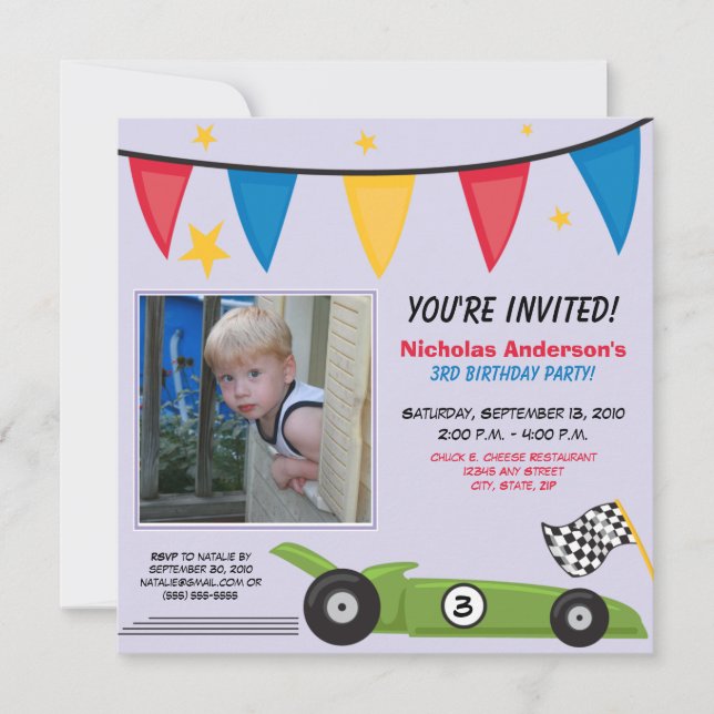 Race Car Custom Birthday Party Invitation (lilac) (Front)