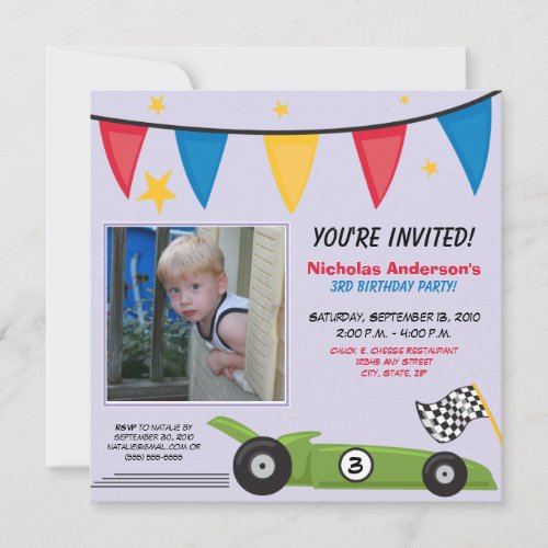 Race Car Custom Birthday Party Invitation (lilac)
