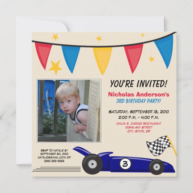Race Car Custom Birthday Party Invitation (taupe) (Front)