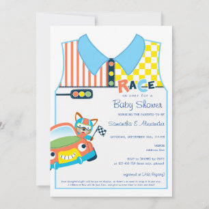 Race Car Cute Boy Fox Race Car Driver Baby Shower Invitation