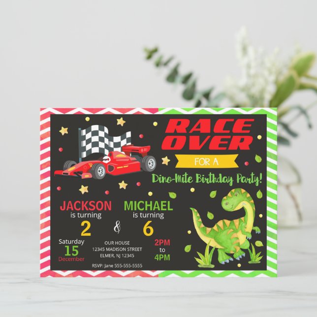 Race Car & Dinosaur Joint Birthday Invitation (Standing Front)