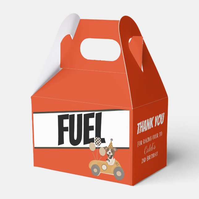 Race Car Dog Boys Birthday Party Fuel Favor Boxes (Front Side)