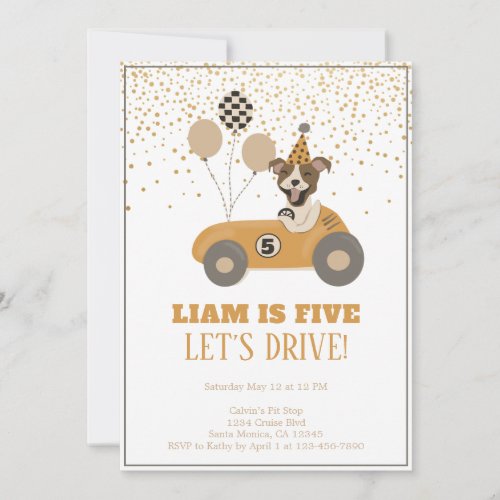 Race Car Dog Boys Fifth Birthday Party Invitation