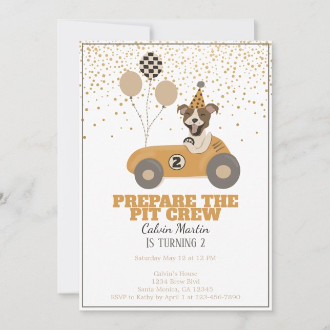 Race Car Dog Boys Second Birthday Party Invitation (Front)