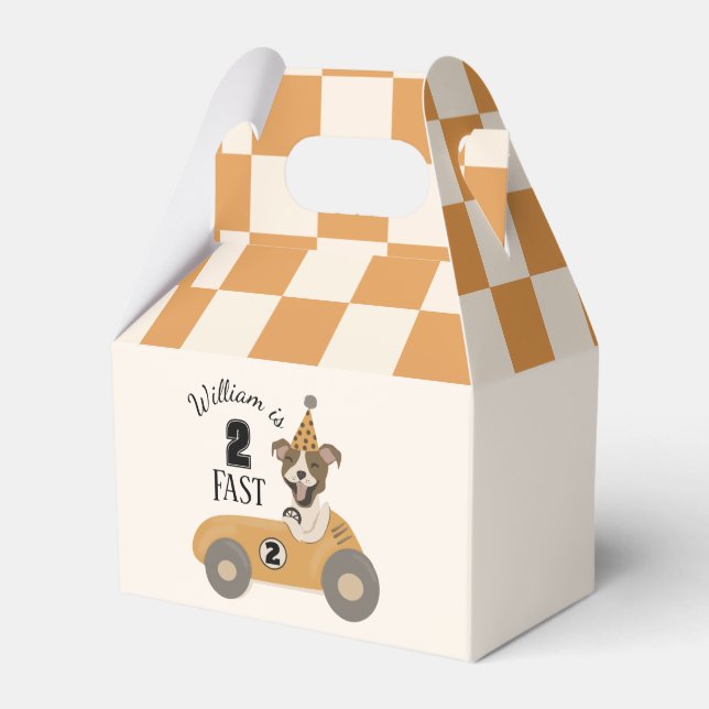 Race Car Dog Boys Two Fast Second Birthday Favor Boxes (Front Side)