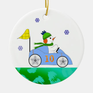 Race Car Driver Snowman Ceramic Ornament