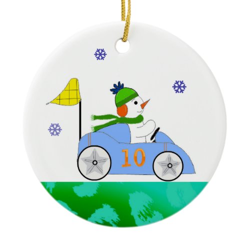 Race Car Driver Snowman Ceramic Ornament