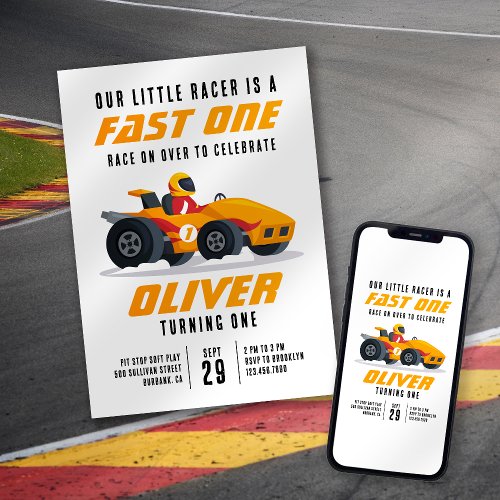Race Car Fast One 1st Birthday Party Invitation