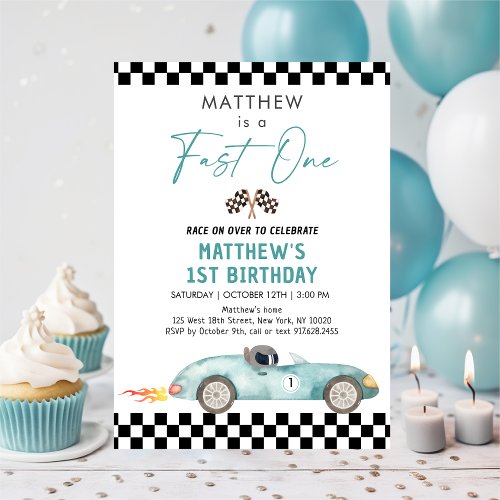 Race Car First Birthday Fast One Invitation