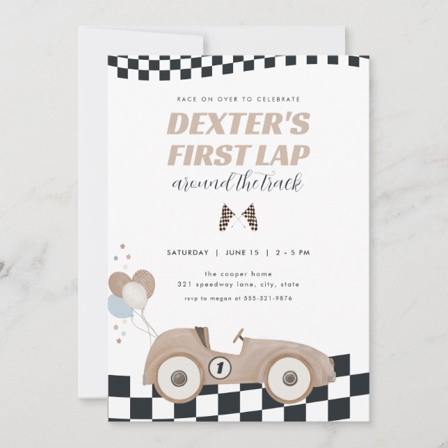 Race Car First Lap Around the Track 1st Birthday Invitation (Front)