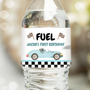 Race Car Fuel Vintage Racing Blue Boy Birthday Water Bottle Label