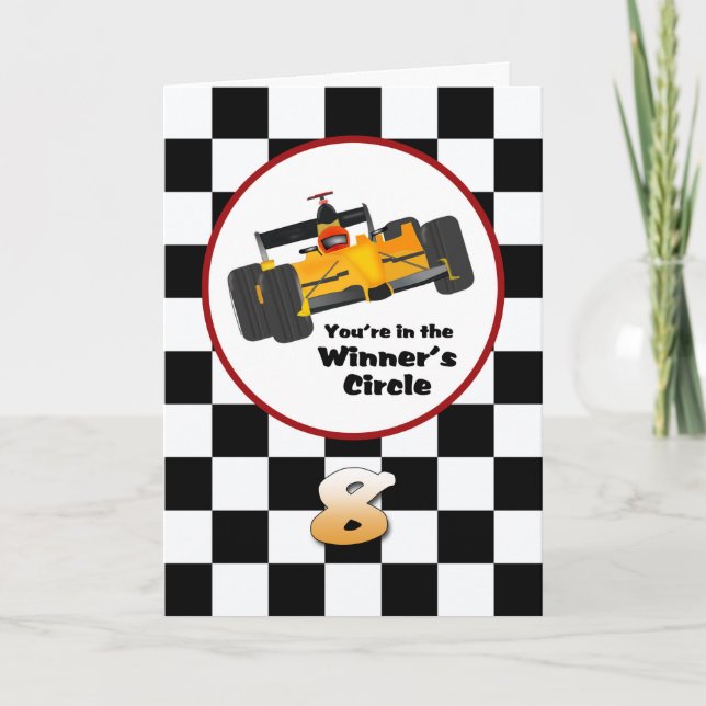 Race Car Happy 8th Birthday Card (Front)