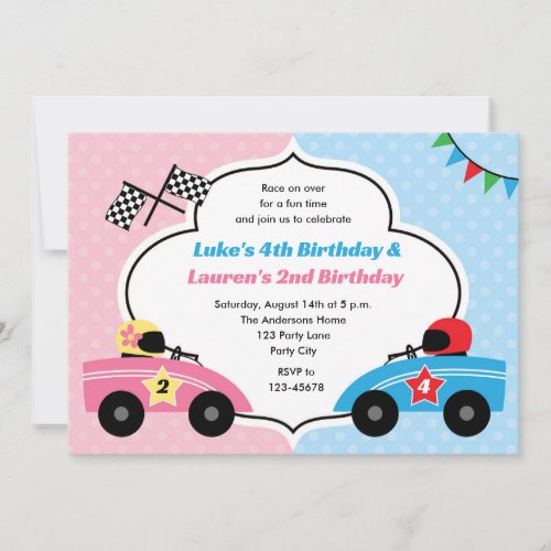 Race Car Invitations _ Twins Birthday Boy Girl