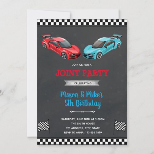 Race car joint boy birthday invitation