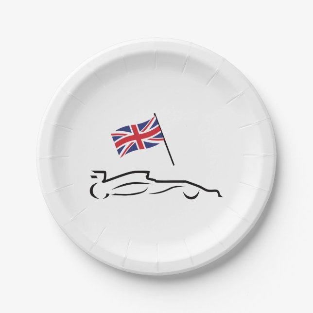 Race Car Line Drawing with British Flag Paper Plates (Front)