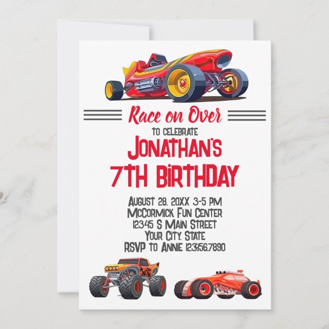 Race Car Monster Truck Cars Racing Birthday Invitation (Front)