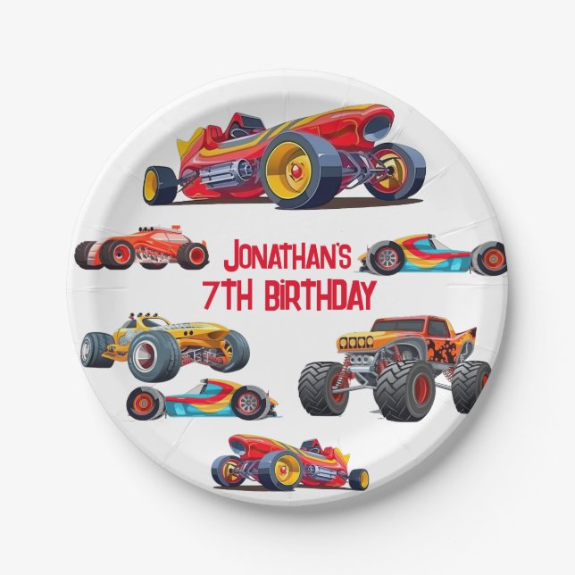 Race Car Monster Truck Cars Racing Birthday Paper Plates (Front)