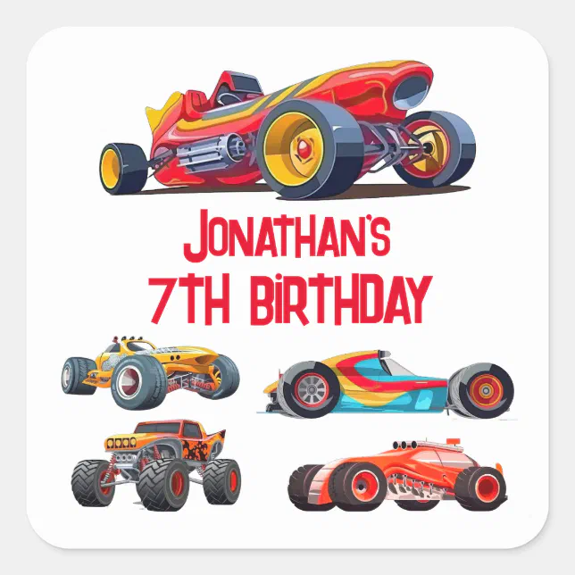 Race Car Monster Truck Cars Racing Birthday Square Sticker | Zazzle