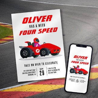 Race Car Need for Speed 4th Birthday Party Invitation