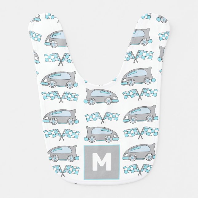 Race Car Pattern Monogram Baby Boy Bib (Front)