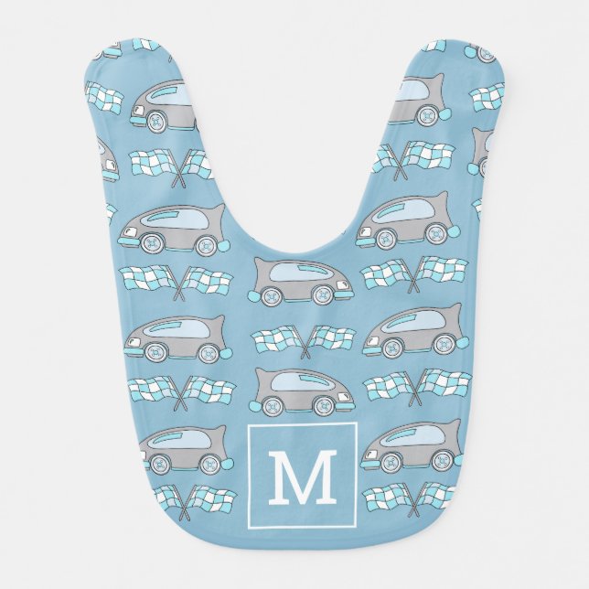 Race Car Pattern Monogram Blue Baby Boy Baby Bib (Front)