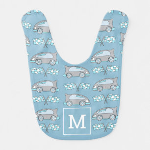 Race Car Pattern Monogram Blue Baby Boy Bib
