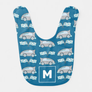 Race Car Pattern Monogram Blue Baby Boy Bib